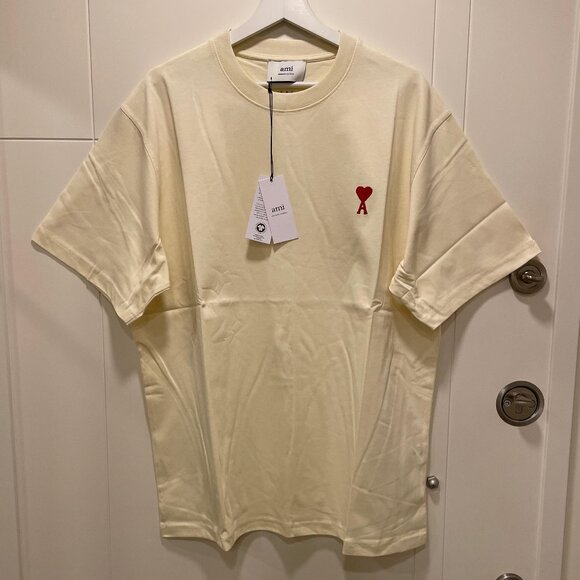 LARGE AMI MEN`S COTTON T-SHIRT CREAM RELAXED FIT - Picture 1 of 7